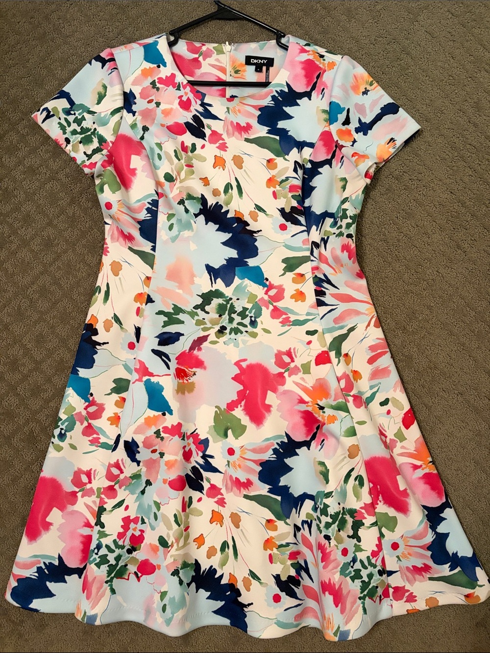 DKNY Floral Fit-and-Flare Dress with Pink, Blue, and Green Print Size 12